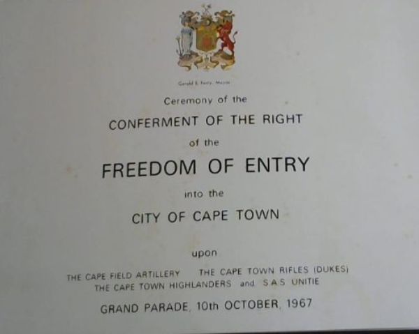 Image for Souvenir Brochure of the Ceremony of The Freedom of Entry to the City of Cape Town granted to the Regiments: The Cape Field Artillery, The Cape Town Rifles (Dukes), The Cape Town Highlanders and SAS Unitie - 10th October, 1967