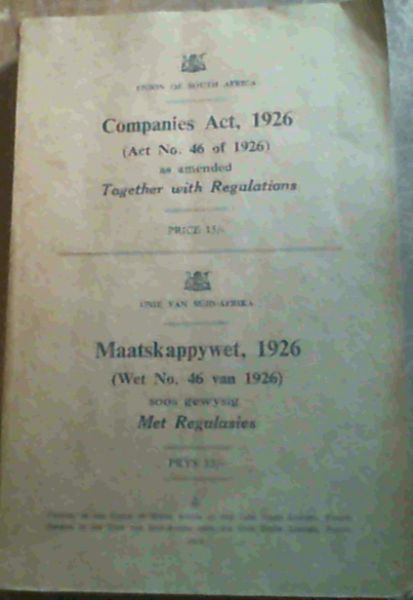 Image for Companies Act, 1926 (Act No. 46 of 1926) as amended Together with Regulations