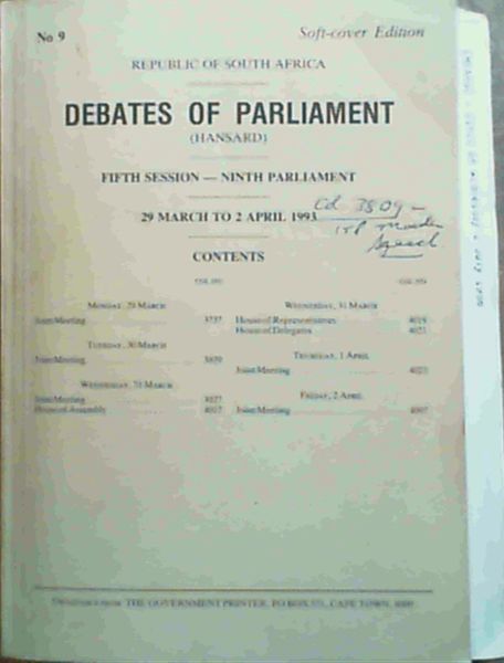 Image for Debates of Parliament - Fifth Session - Ninth Parliament - 29 March to 2 April 1993